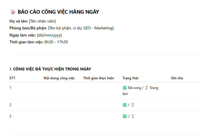 Mẫu báo cáo công việc hàng ngày